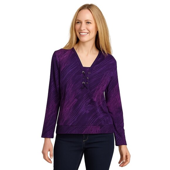 NWT White House Black Market Long Sleeve Lace Up Top Abstract Deep Amethy #WHBM7 - Picture 1 of 9